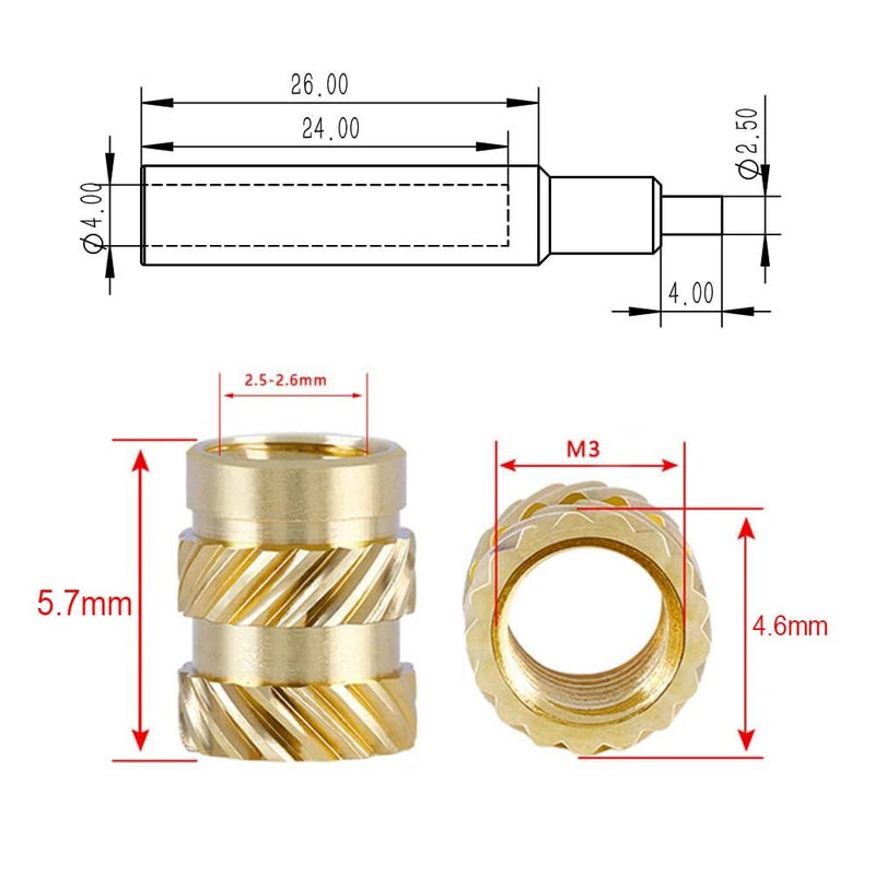 3DZWMAN M3 Threaded Inserts for plastic-100Pcs M3x5.7x4.6 with Heat Set Insert Tools-Brass Metric Knurled Nuts for 3D Printing Components and Plastic Parts - Image 2